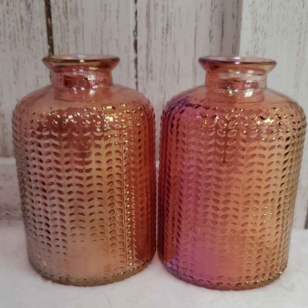 Elegant Pink Iridescent Textured Glass Bottles Bud Vases Set of 2
